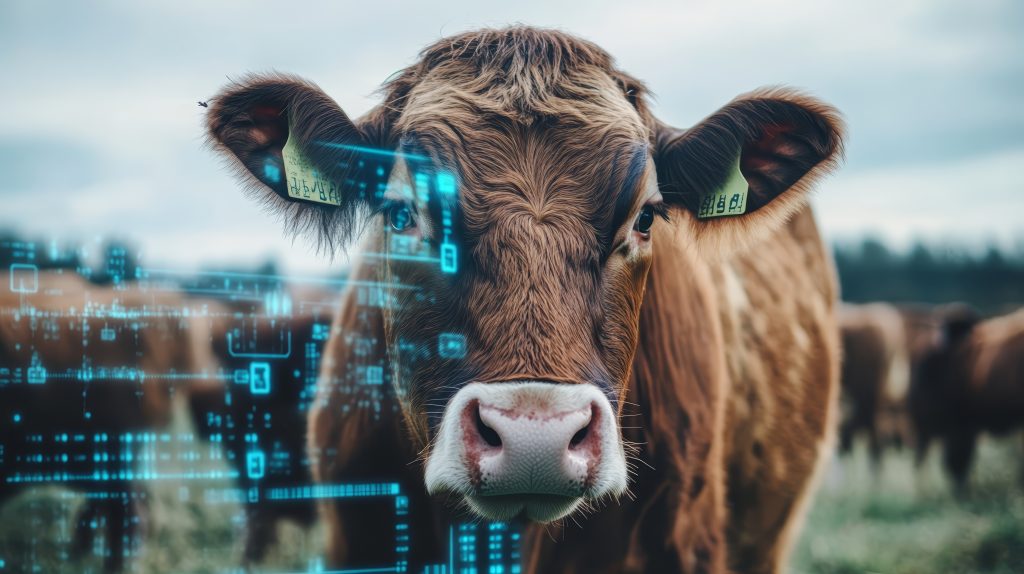 Cow with Digital Overlay Future of Farming Agriculture Technology Livestock Tracking Animal Husbandry