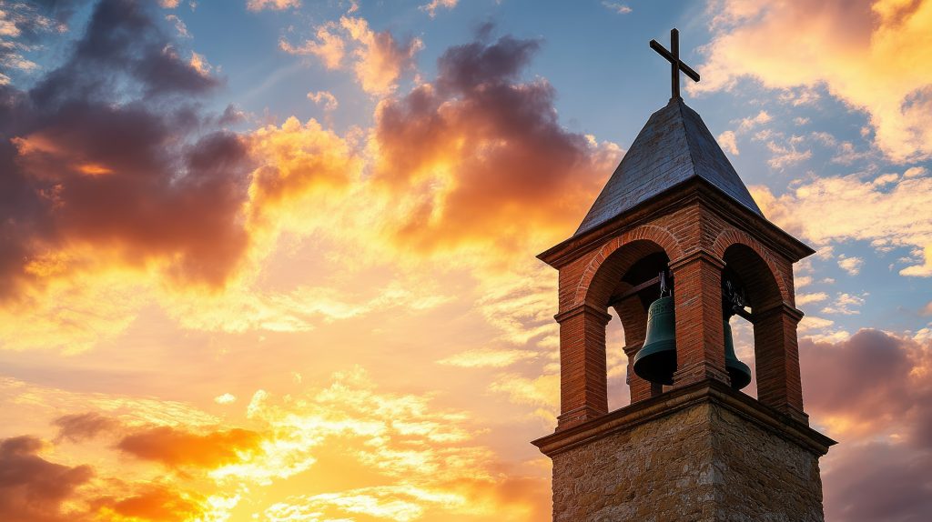 A church bell tower ringing out, set against a sunset sky.
