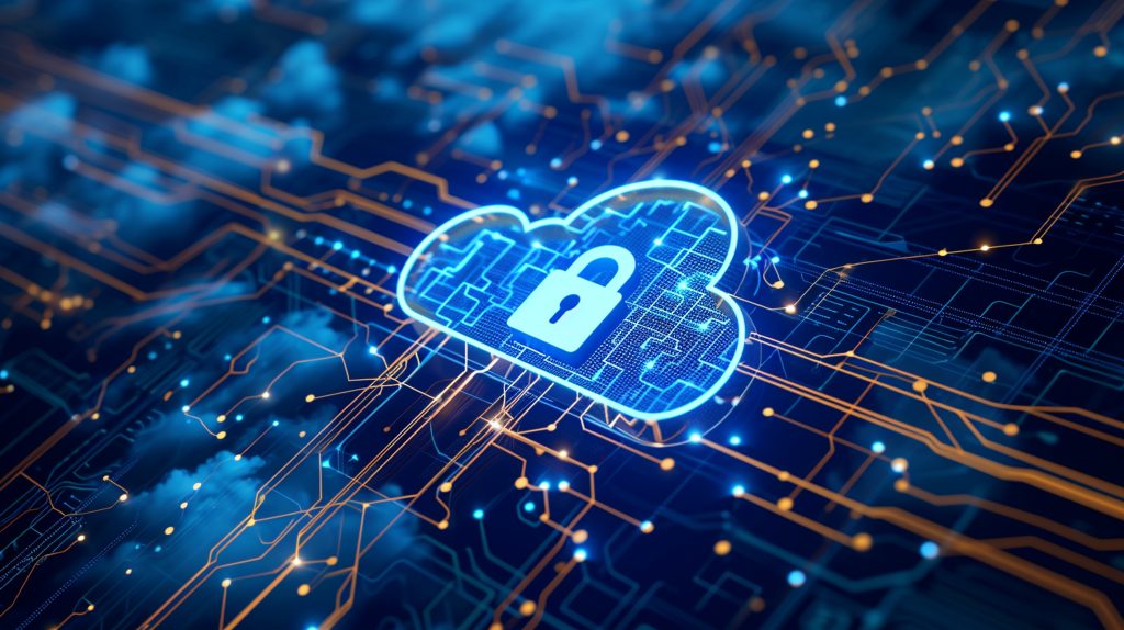 A cloud computing diagram with secure network connections and a central lock symbol, Cloud Security, dynamic and dramatic compositions, with copy space