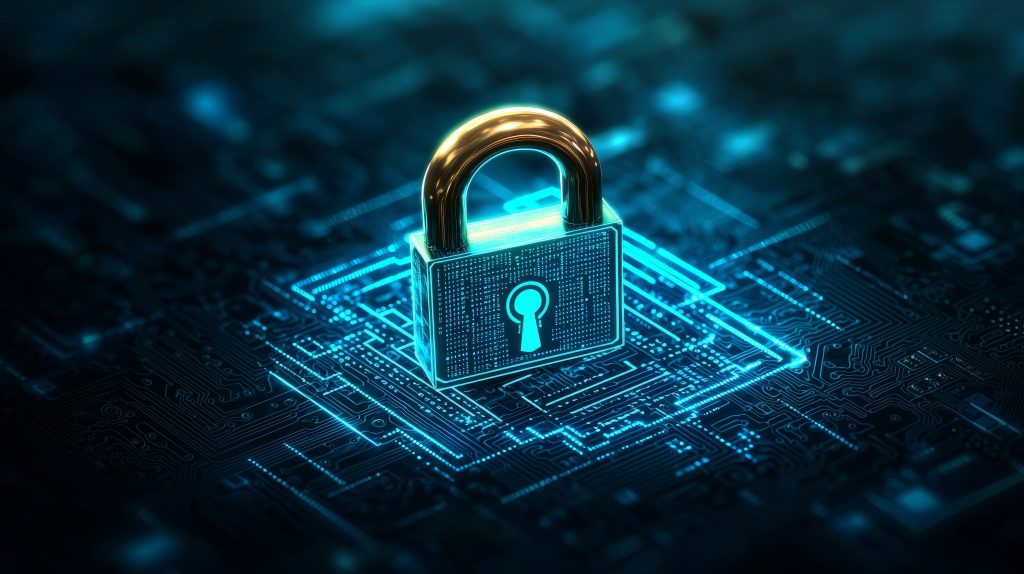A digital padlock symbolizing security and protection in a futuristic technology setting. Ideal for themes of cybersecurity.