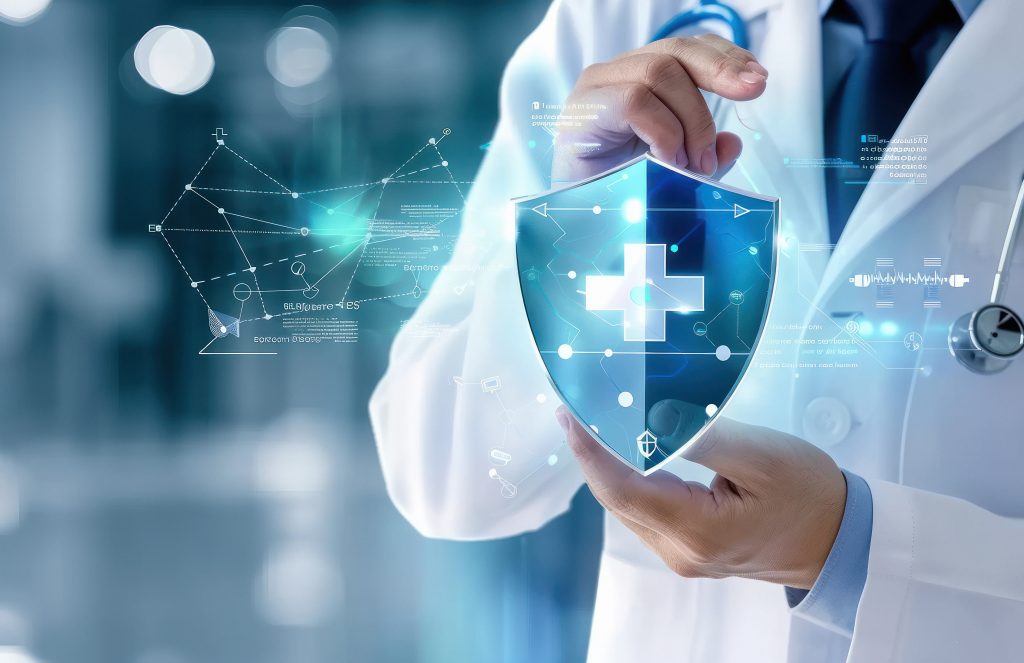 a doctor's hand holding a digital shield symbolizing protection and security in medical care