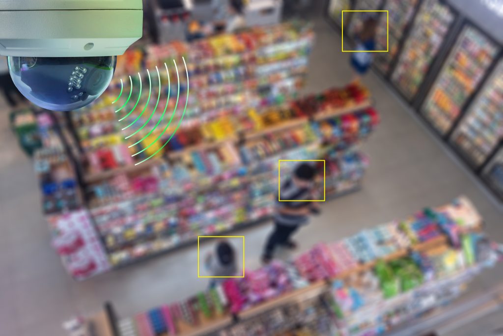 A Dome CCTV infrared camera technology 4.0 for look security area of people at convenience shop show signage with checking and counting people in yellow boxed security area