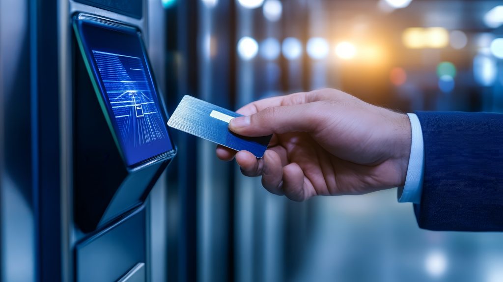 A hand using a card on a digital reader at a transport or access control system.