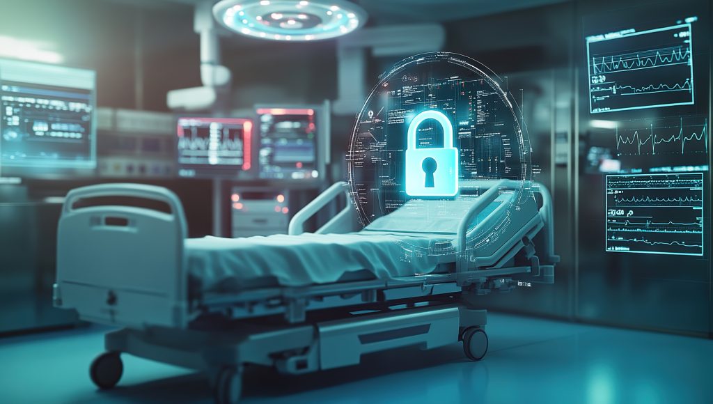 A hospital bed in an operating room with a digital padlock hologram floating above it, signifying cybersecurity and data protection in healthcare.