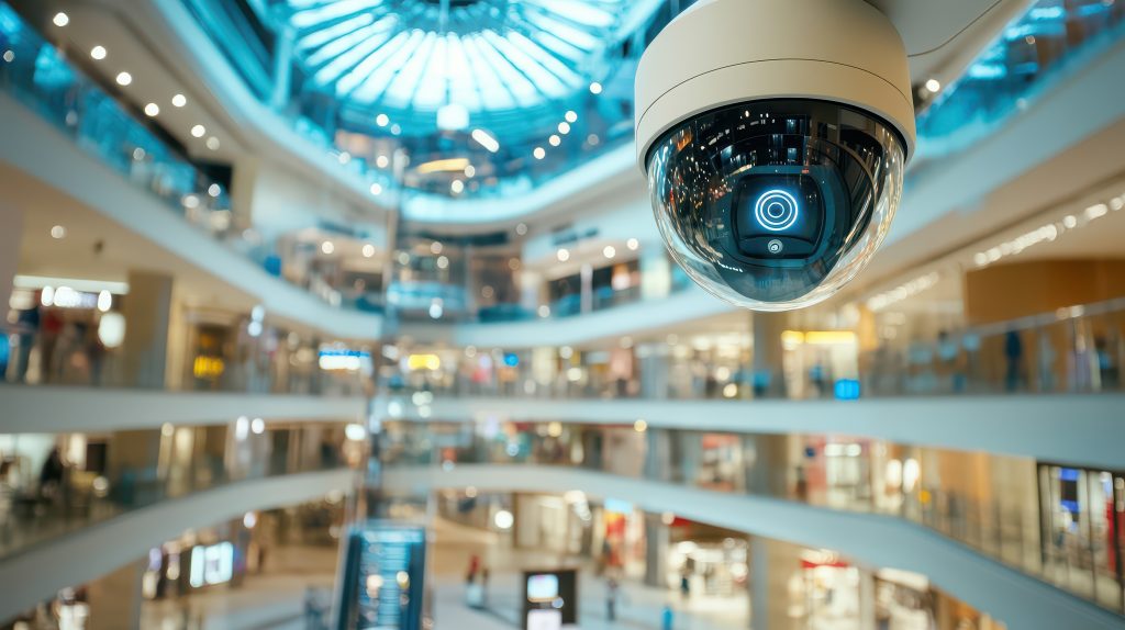 A modern IP security camera is positioned in a shopping mall, emphasizing safety and surveillance for enhanced security monitoring.