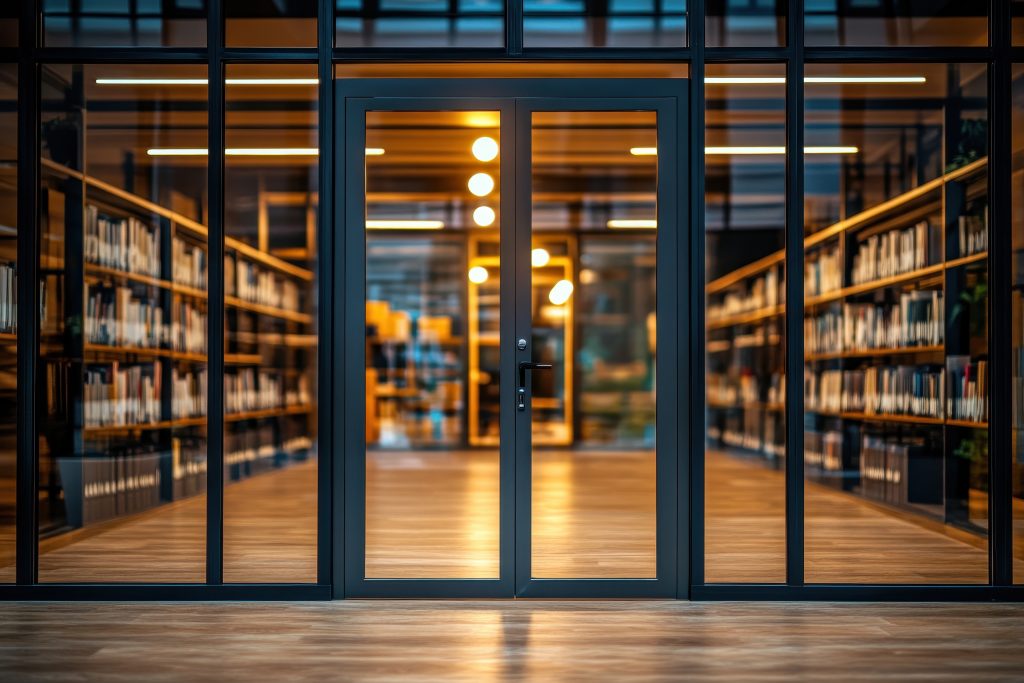 A modern library entrance showcasing shelves filled with books and warm lighting.