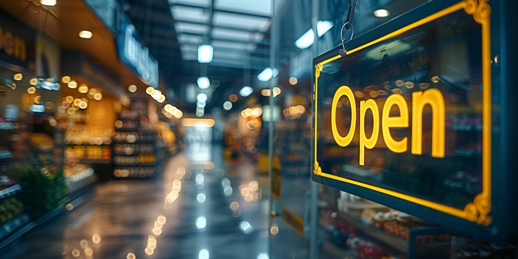 An illuminated vintage sign welcomes customers to an open grocery store.