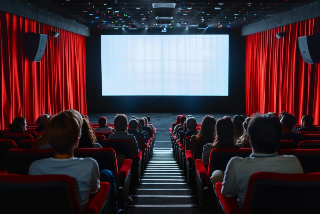 Audience watching blank screen in a dark movie theater