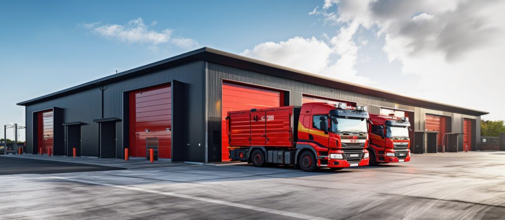 Automatic fire station on the territory of an industrial enterprise Red automatic garage sectional doors. Copy space image. Place for adding text or design