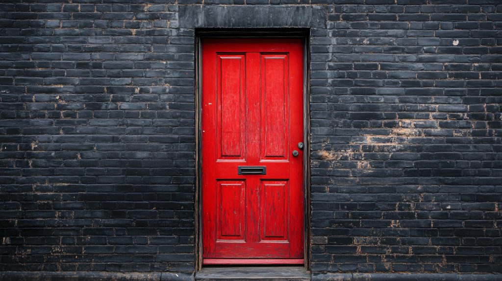 Bright red door on a dark charcoal brick wall
