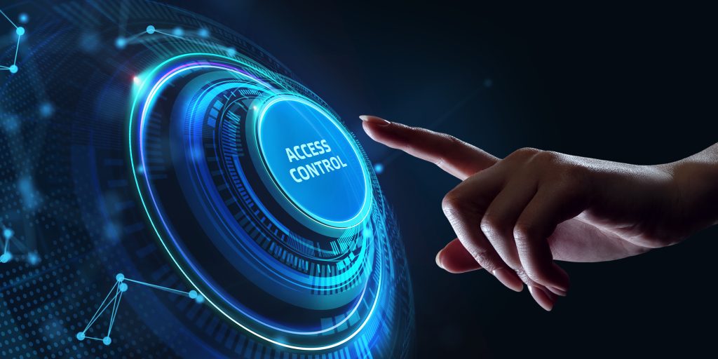 Business, Technology, Internet and network concept. Business man working on the tablet of the future, select on the virtual display: Access control