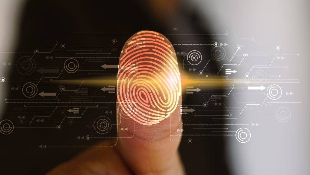 Businessman login with fingerprint scanning technology. fingerprint to identify personal, security system concept