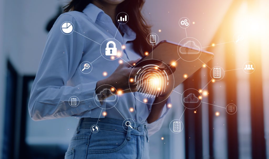 businessmen Fingerprint scanning and biometric authentication, processing of biometric for access personal data. surveillance and security scanning of digital programs cyber futuristic applications