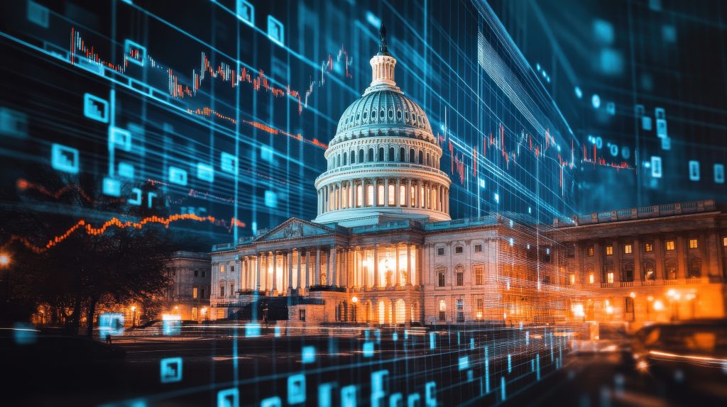 Capitol building illuminated at night with digital data overlay showcasing the intersection of politics and technology