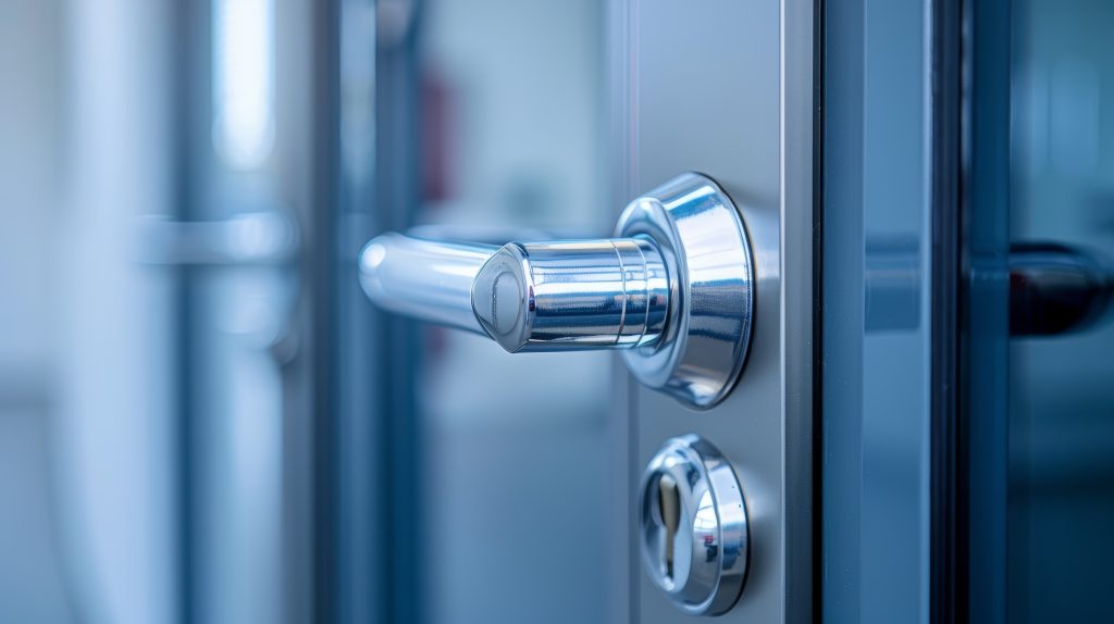 Close-up shot of a commercial-grade door lock, focusing on the solid build and security features essential for business protection