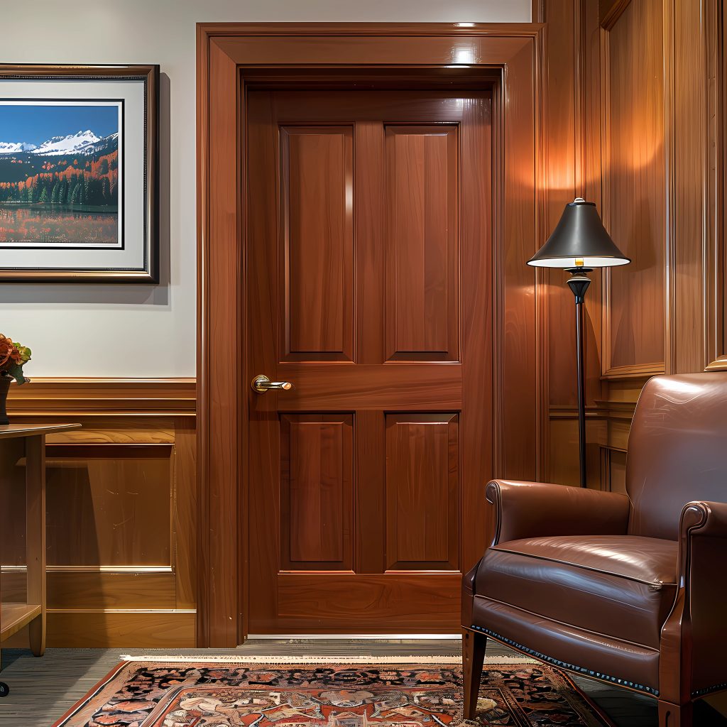 Elegant Entryways: Mahogany Panel Door in a Law Firm at Evening