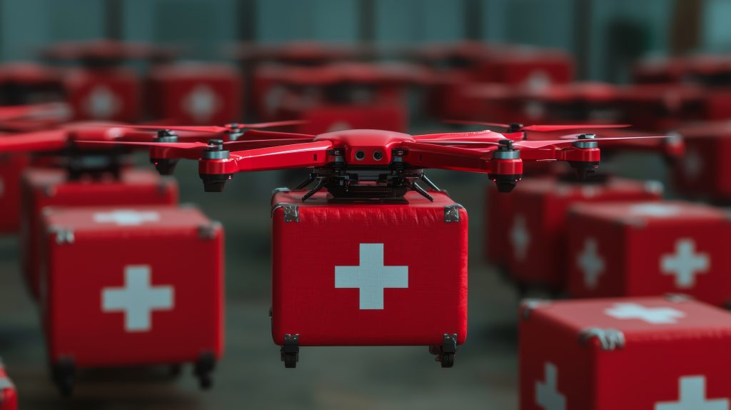 Emergency drone delivery service healthcare facility aerial rescue operation urban environment eye-level perspective innovative medical logistics