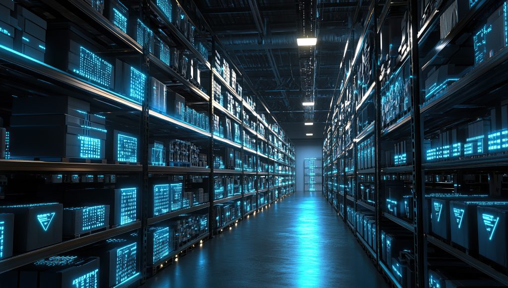 Exploring Futuristic Warehouse: Automated Storage System with Illuminated Inventory, Enhancing Logistics Efficiency.