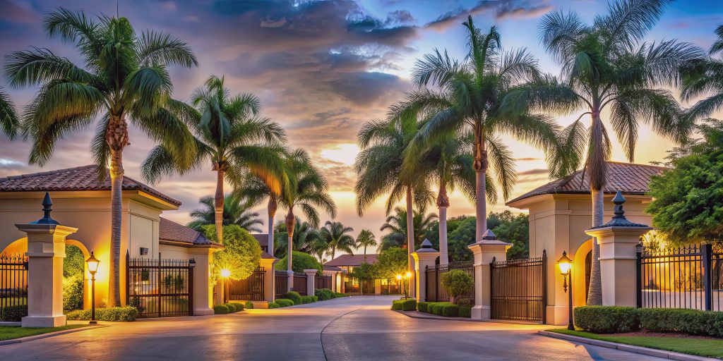 Gated community houses in South Florida with palm trees, enhanced with a light effect, suburban, neighborhood, luxury