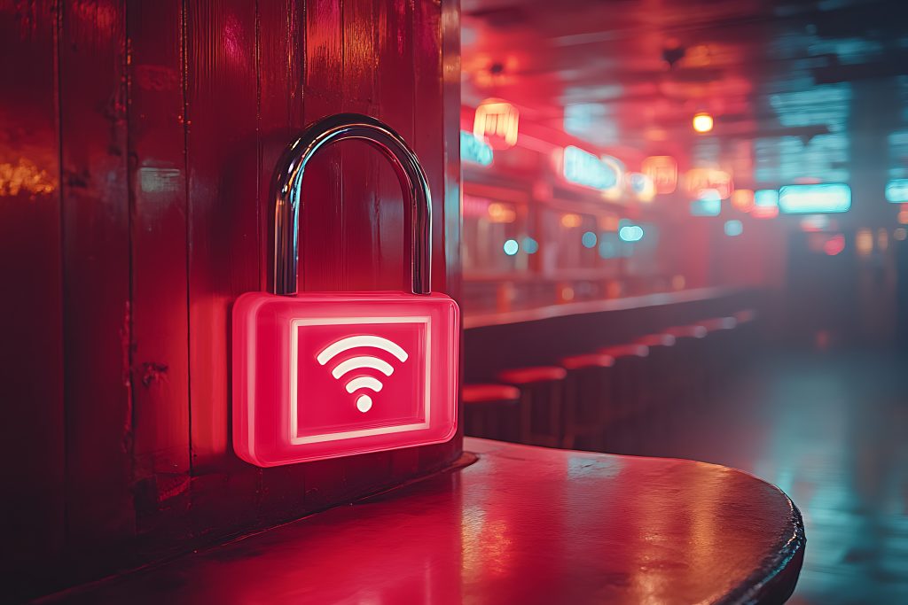 Glowing red padlock secures WiFi in dimly lit bar
