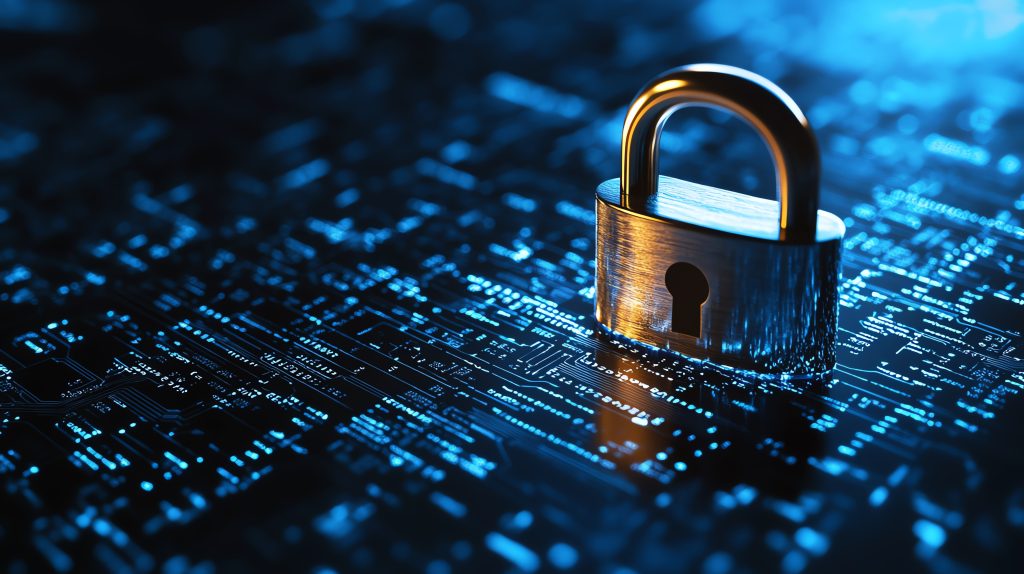 Healthcare data security concept with a metallic padlock displayed on a surface, emphasizing privacy protection against a digital background