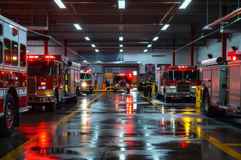 Interior of a fire station with fire trucks