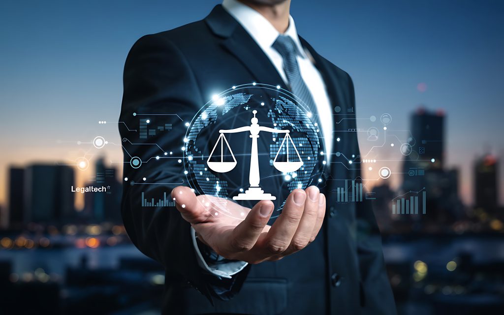 Legaltech Innovation Businessman Holding Scales of Justice Globe for Law Firm, Legal Services, and Justice