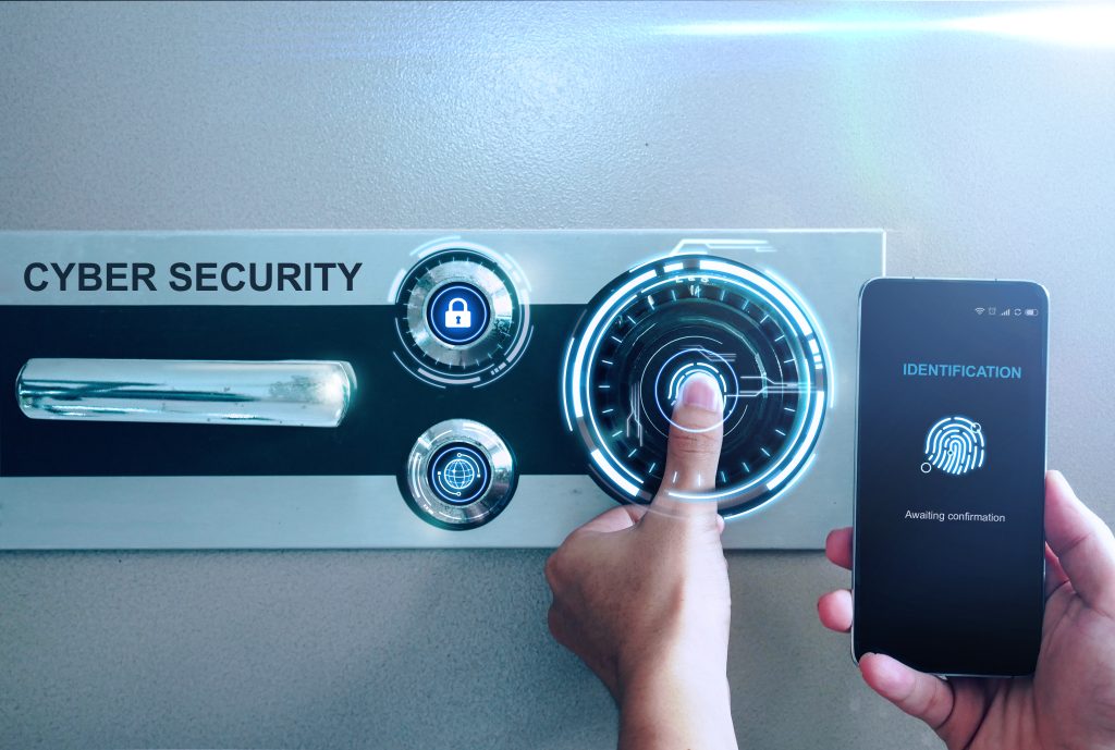 Man scan fingerprint biometric identity and identification of smartphone. concept of the future of security and password control through fingerprints in an immersive technology futuristic.