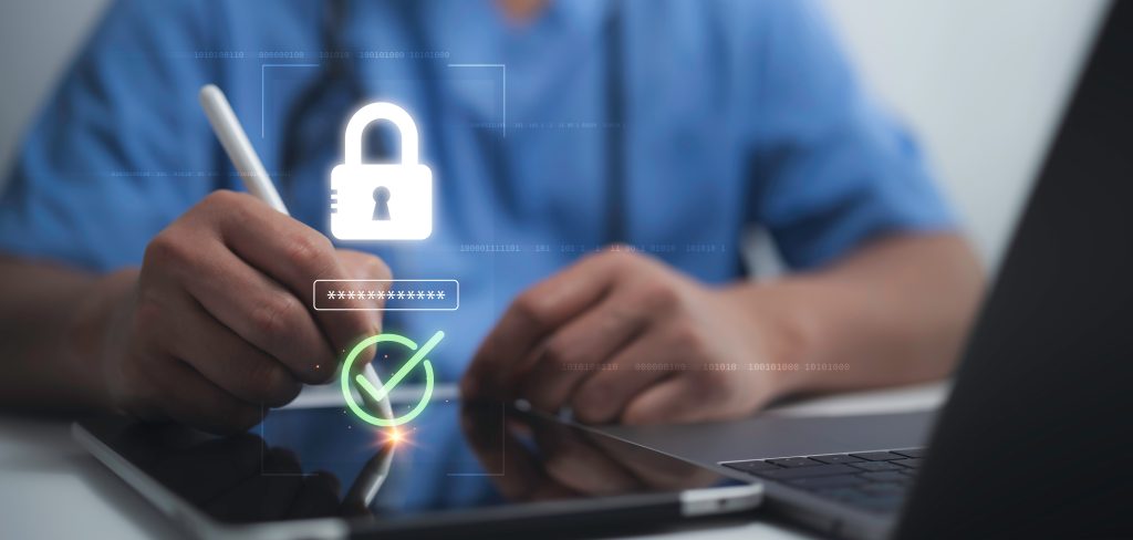Medical professional securing digital healthcare data, showcasing security and privacy protection in the modern medical industry. Highlighting encryption, authentication and secure access solutions