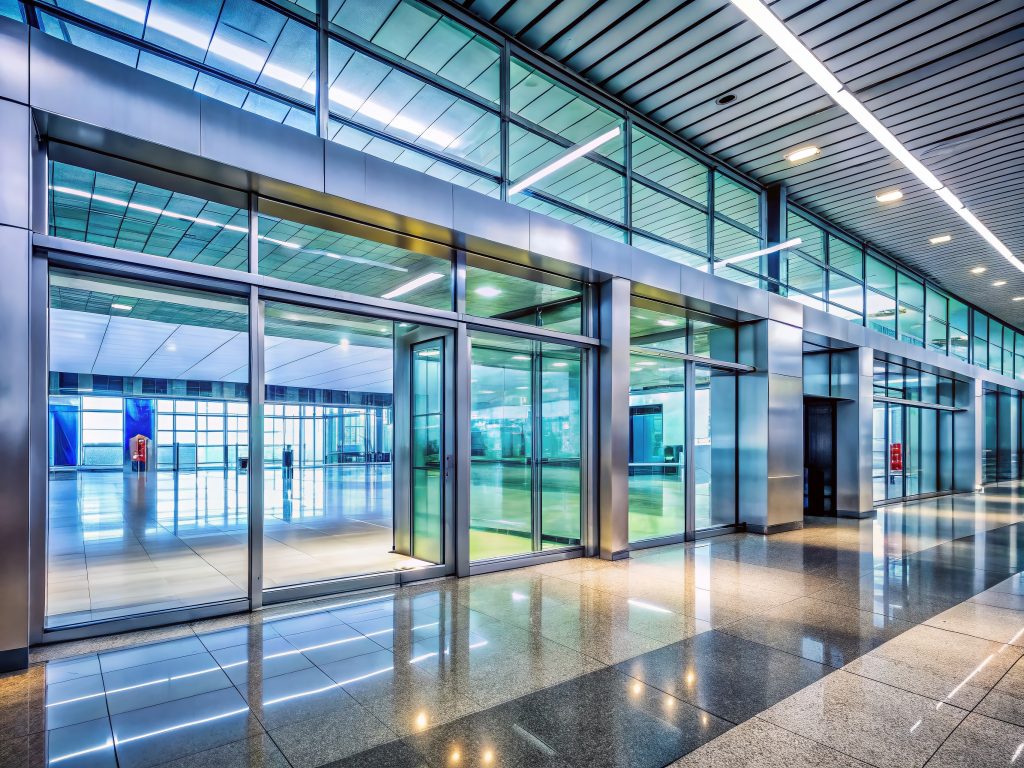 Modern Airport Terminal Entrance: Clean, Stylish Automatic Glass Doors