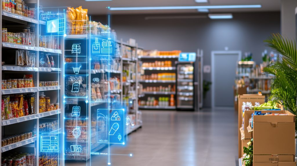 Modern grocery store shopping experience urban location digital inventory management organized aisle eye-level view technology integration