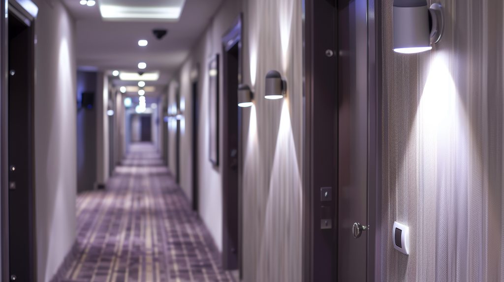Modern Hotel Corridor with Surveillance Cameras Ensuring Guest Safety and Security