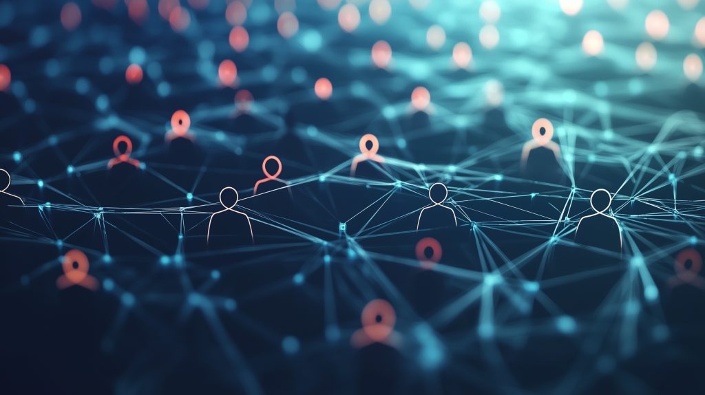 Network of user icons symbolizing iam roles and access management.