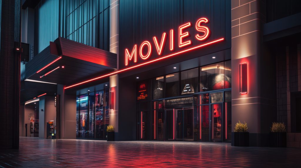 Night view of modern movie theater.