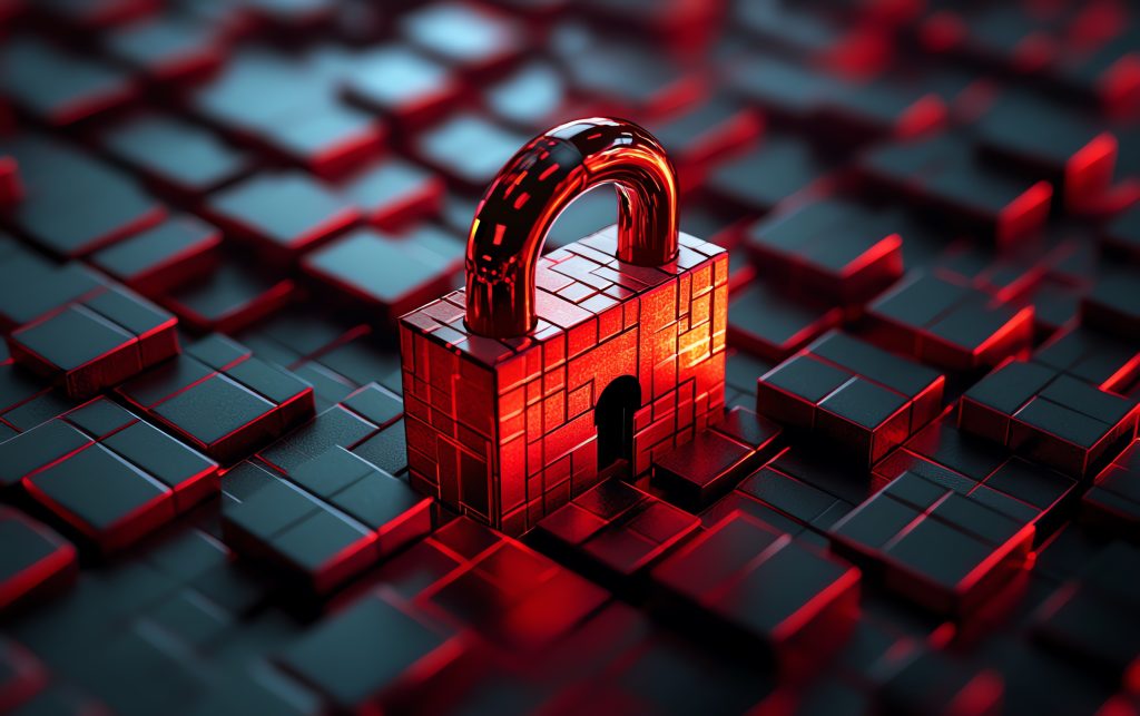 Red padlock on digital block background