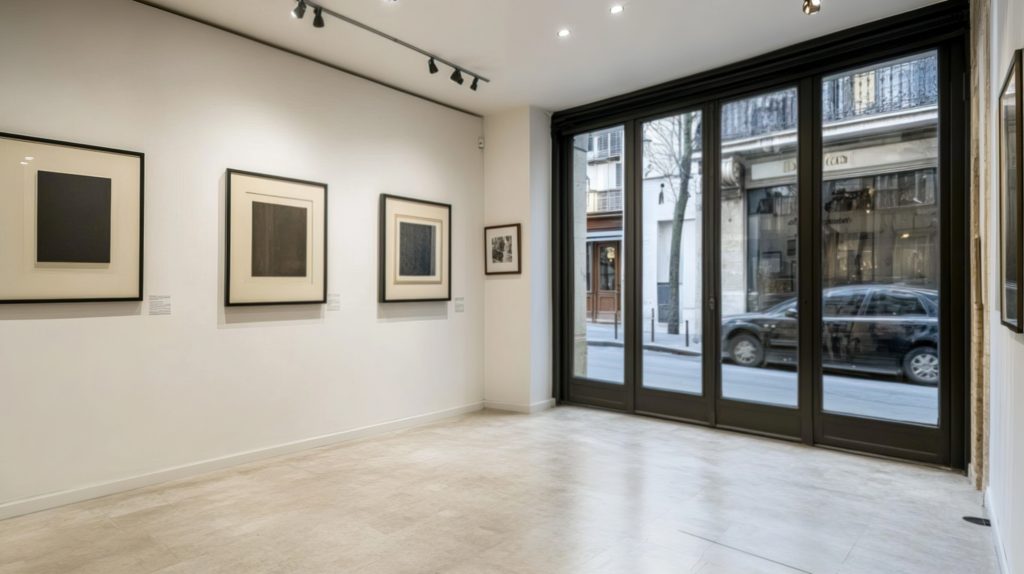 Small modern art gallery, with modern art and paintings on the walls. Bright,light and airy, door entrance to street