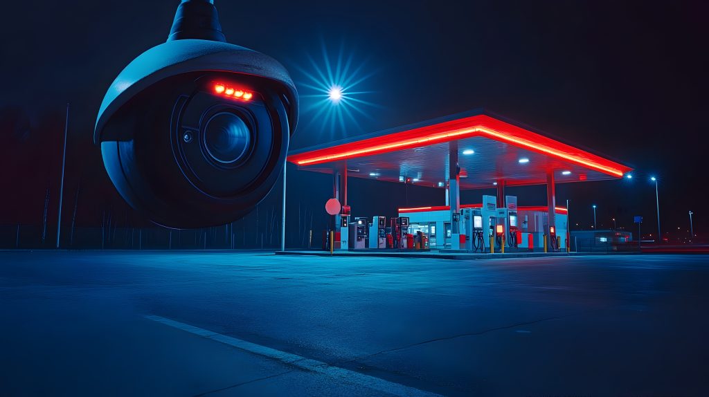 Solitary Gas Station Under Watchful CCTV at Nightfall