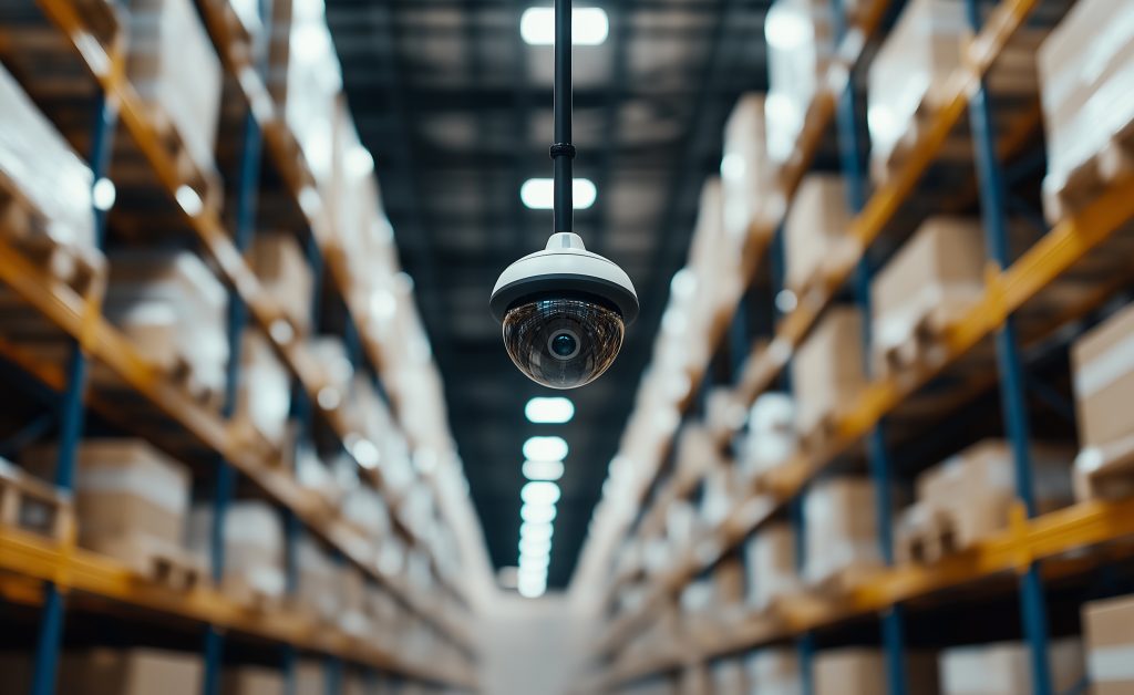Surveillance camera hanging from the ceiling in a warehouse filled with boxes, representing security and monitoring in an industrial setting.