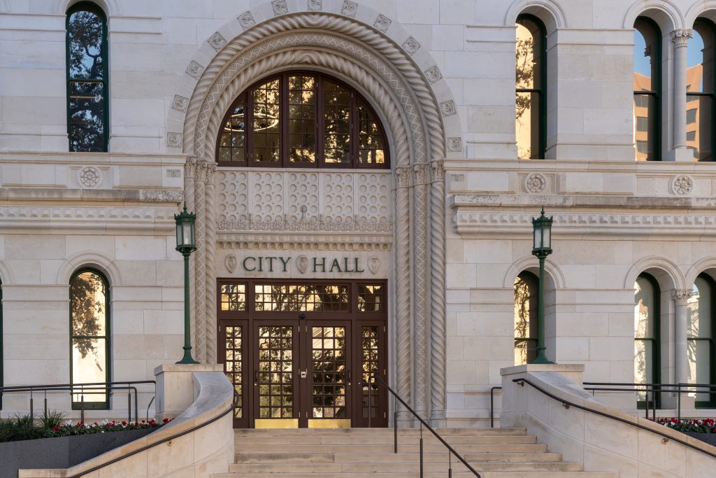 The entrance to San Antonio city hall. San Antonio is the second largest city in Texas.