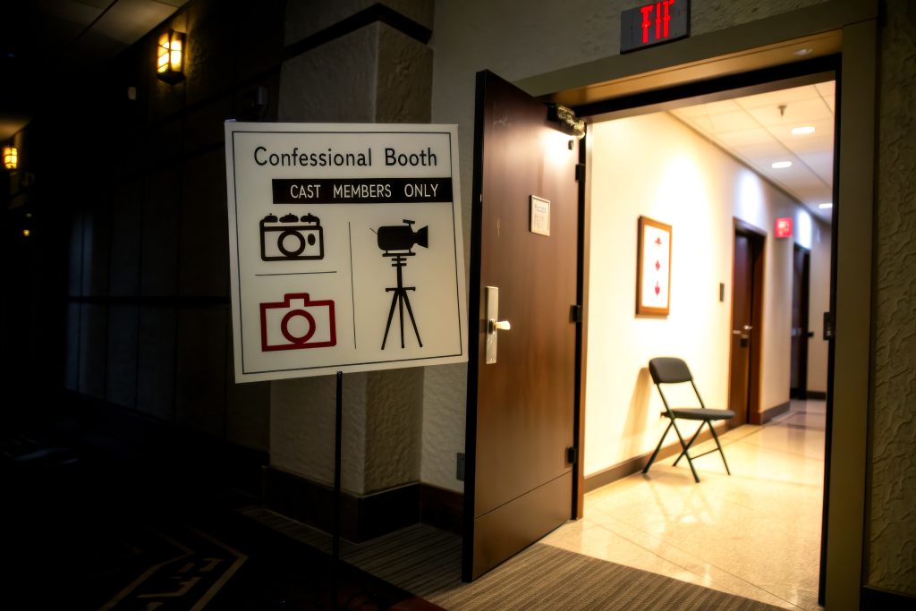 The image shows a sign for a "Confessional Booth" with icons for cameras and a tripod, next to an open door and a folding chair.