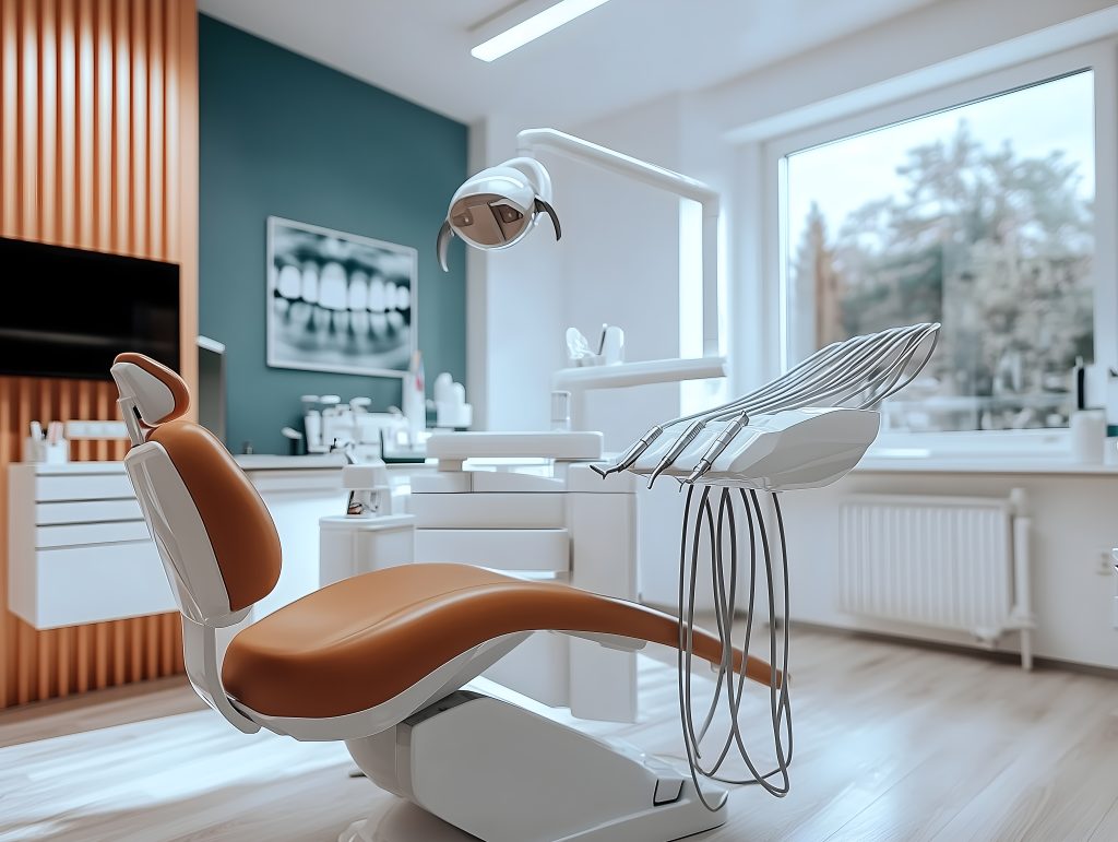 The interior of a modern dental clinic with a dental chair, bright lighting, and dental equipment. The image features an X-ray of teeth on the wall and a clean, organized workspace.