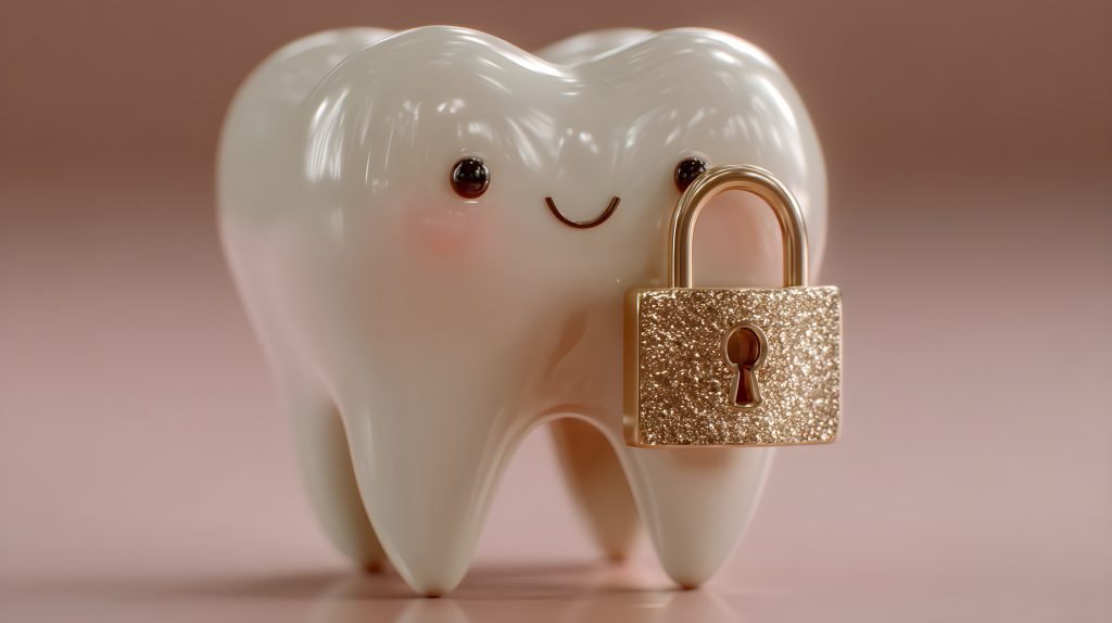 White tooth with a padlock floating in front, pastel security theme, dental safety concept in 3D